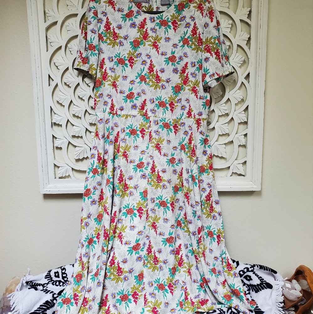 Vintage Liz Claiborne White Floral Spring Summer Midi Dress Size 14